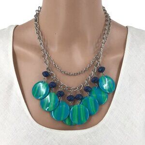 Double Strand Necklace Blue Green Beaded Fringe Silver Tone Chain Adjustable Len